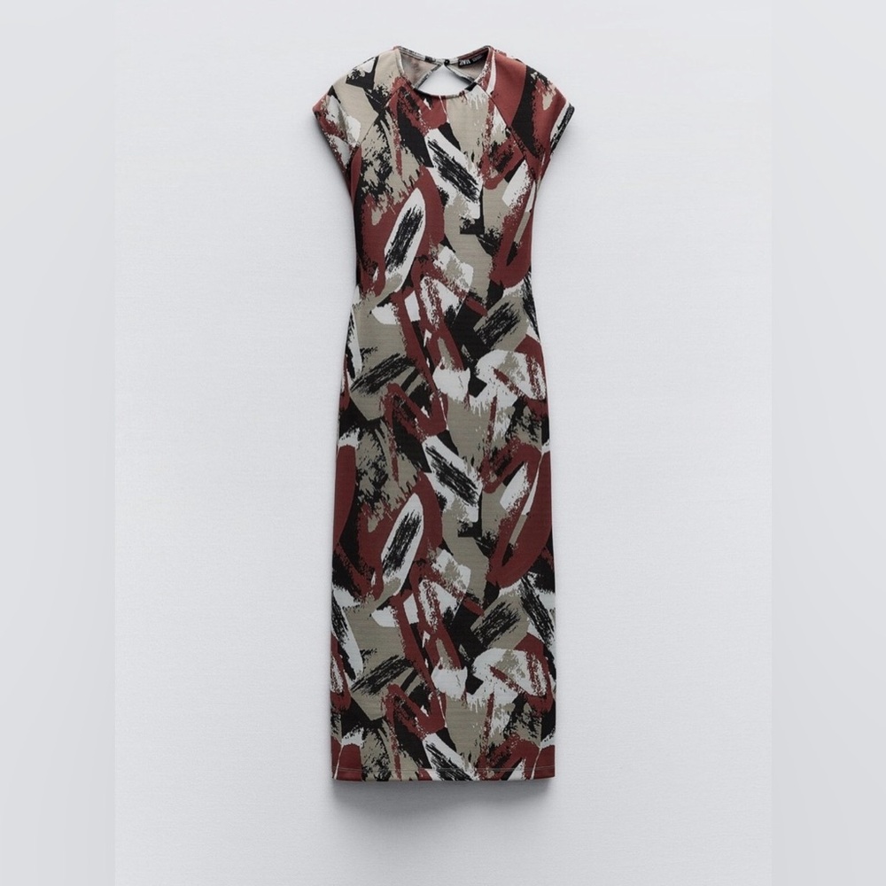 Zara Maxi Dress in Rust, Olive, Black and White Abstract Print
